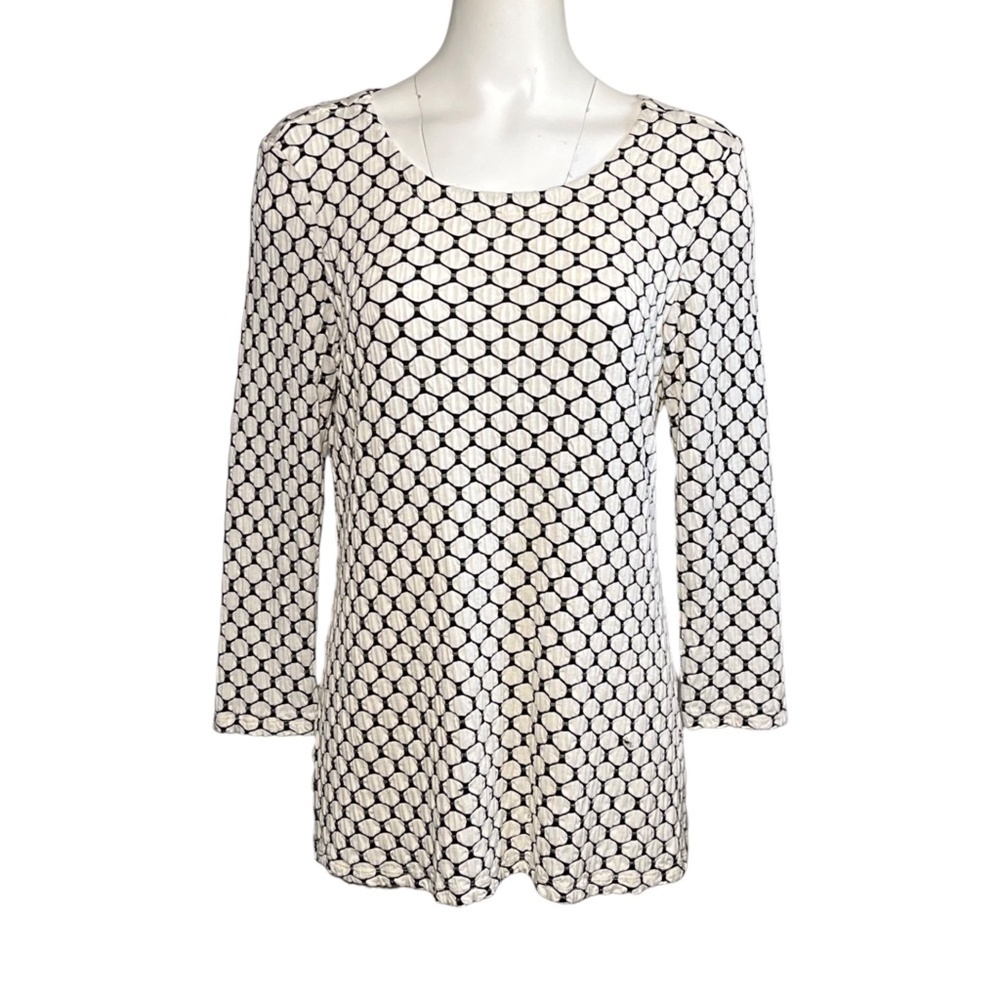 Tianello Honeycomb Knit Jacquard Tunic Top Ivory Black Stretchy USA size Large